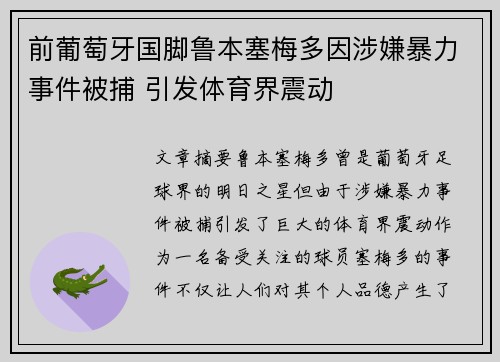 前葡萄牙国脚鲁本塞梅多因涉嫌暴力事件被捕 引发体育界震动